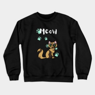 Meow Cute Tortoiseshell Cat With Blue Paw Prints Crewneck Sweatshirt